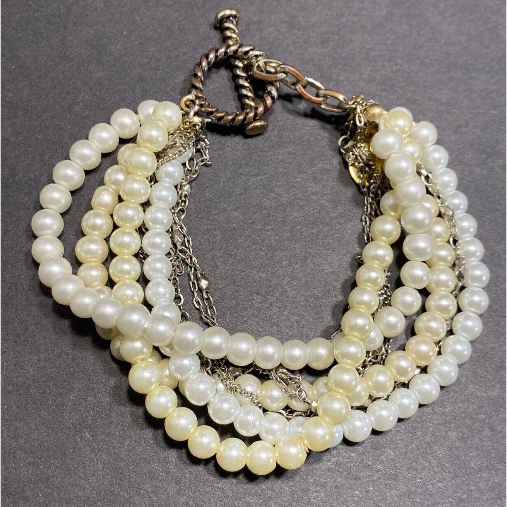 Erickson Beamon 8 Strand Faux Pearl Chain Toggle Bracelet Signed 8 3/4 In